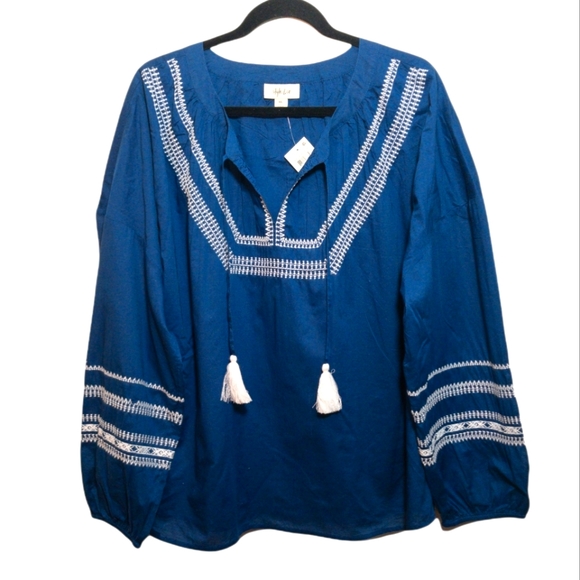 Style & Co. Tops - Style and Co. Royal blue embroidered peasant style blouse with tassels. NWT